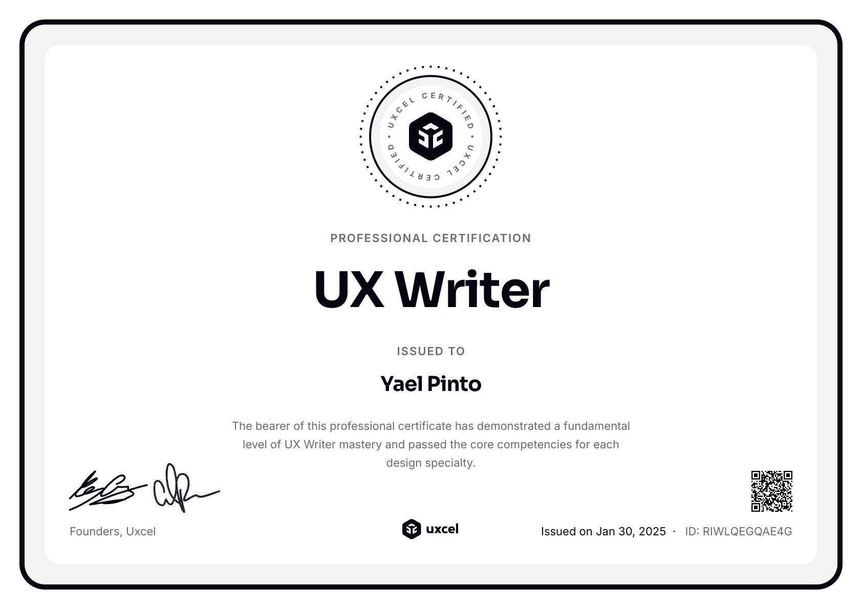 Yael Pinto's certificate
